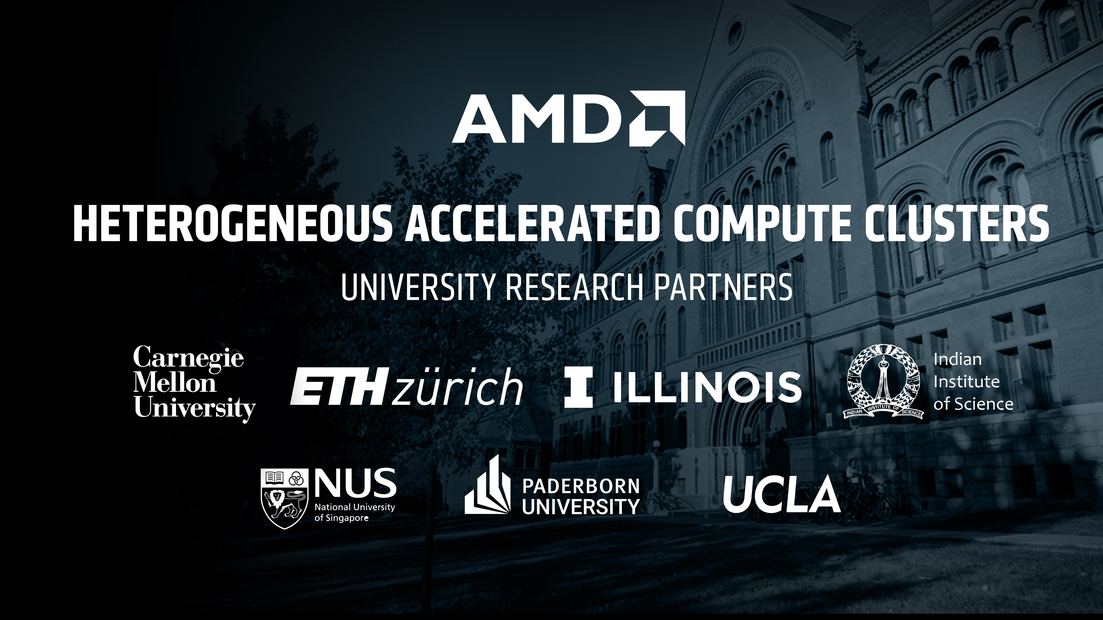 Hetrogeneous Accelerated Compute Cluster banner image showing university partner logos: ETH Zurich, National Univesity Singapore, Paderborn University, UCLA, UIUC